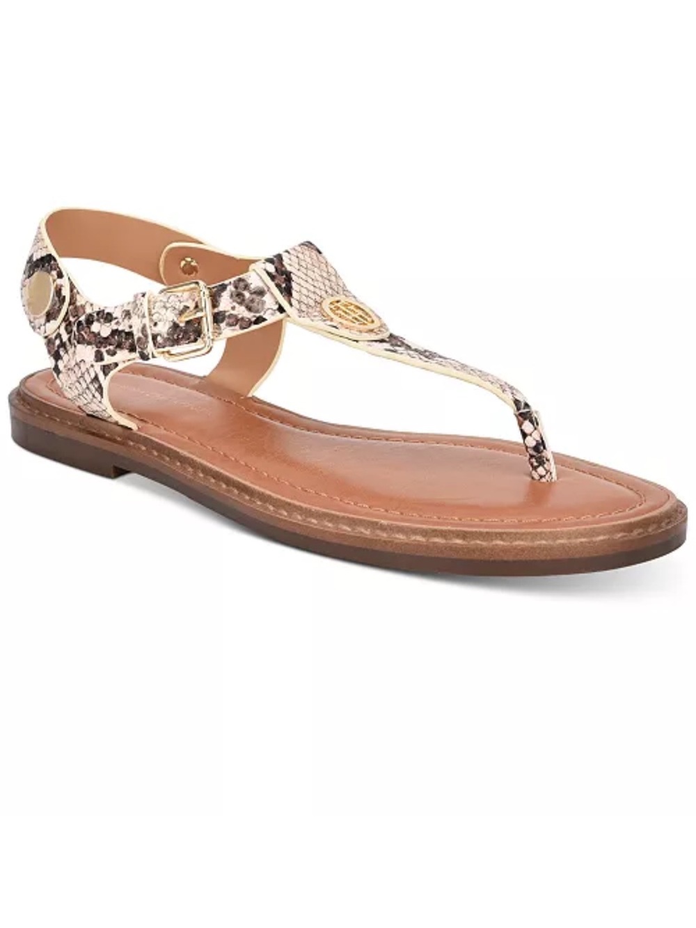 Tommy Hilfiger Snake-Print T-Strap Sandal in Tan and Black